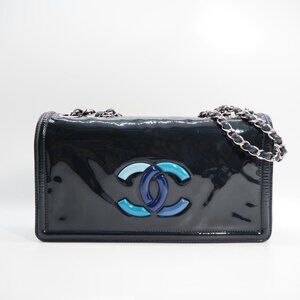 Authentic CHANEL Vintage Lipstick Flap Bag Patent Leather Chain Purse Blue Vinyl